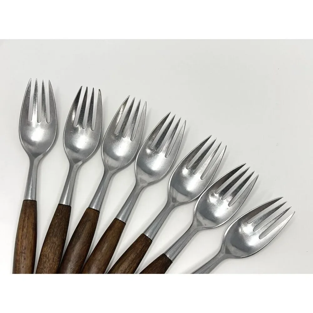 Dansk FJORD Dinner Forks Teak Handle Stainless Steel Germany 7 1/8” Set Of 7